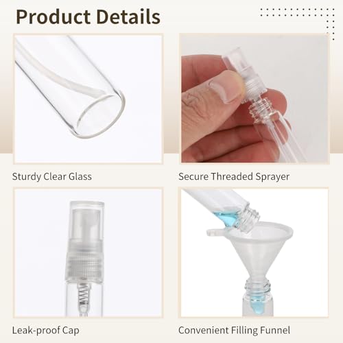 Lnrueg 50 Pcs Mini Spray Bottles, 0.3 oz/10 ml Refillable Glass Perfume Bottles, Portable Travel Sample Containers with Caps, Fine Mist Atomizers with 2 Funnels and 2 Dispensers, Transparent