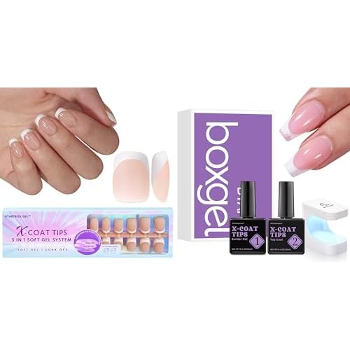 BTArtboxnails Soft Gel Nail Tips Builder Set - Extra Short Square French Tip Press On Nails With 15ml Gel and Portable Lamp for XCOATTIPS
