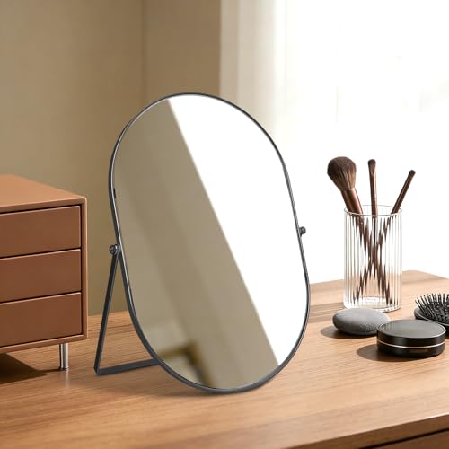 Vanity Desk Table Mirror, Adjustable Rotation Oval Tabletop Standing Makeup Mirror with Metal Framed for Living Room, Bedroom, Bathroom, Dark Grey