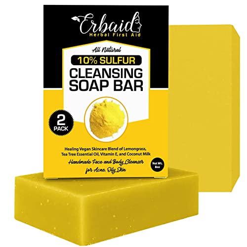 10% Sulfur Soap Cleansing Bar for Face & Body ? All Natural Facial Cleanser for Acne, Oily Skin ? Healing Skincare Blend of Lemongrass, Tea Tree Essential Oil, Vitamin E, Coconut Milk ? Made in USA