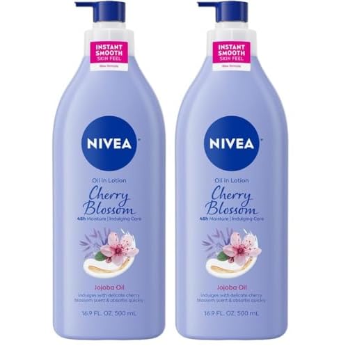 NIVEA Oil Infused Cherry Blossom and Jojoba Oil Body Lotion for Women, Fast-Absorbing and Non-Greasy Cherry Blossom Scented Lotion Moisturizes for 48 Hours, 16.9 Fl Oz Pump Bottle (Pack of 2)