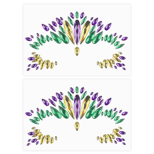 2 Sheets Mardi Gras Face Gems Jewels Stickers, Self-Adhesive Mardi Gras Eye Gems Sticker, Purple Green Gold Glitter Crystals Decoration, Mardi Gras Outfit for Women Party Costume Cosplay Makeup