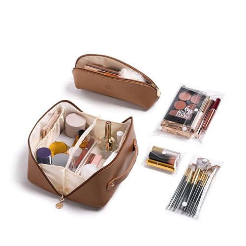 Travel Makeup Bag Waterproof Open Flat with Compartments, Large & Small Makeup Bag Organizer, PU Leather Toiletry Bag for Women, Cosmetic Bag, Make up Case Pouch, Make up Bags (5 Pieces Set)