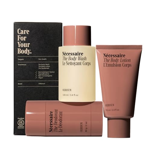 N?cessaire Body Essentials - Skin Care Gift Set For Women + Men - Travel-Size Body Wash, Body Lotion + Deodorant | Dermatologist-Tested. Hypoallergenic | Vegan | Aluminum-Free Deodorant (Olibanum)