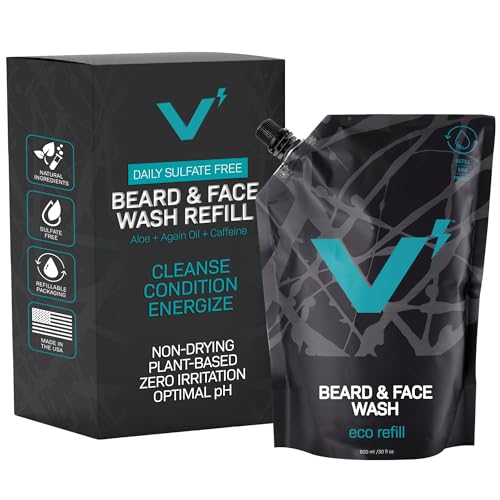 VOLT Face & Beard Wash for Men, Sulfate Free Cleanser with Shea Butter, Argan Oil & Caffeine, Plant Based, Hydrating & Conditioning, Outback Sandalwood Scent, Refillable Aluminum Bottle, 30 Oz Bottle