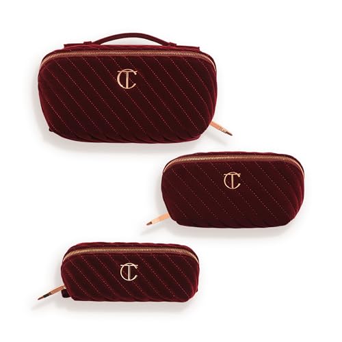 Charlotte Tilbury Travel Makeup Bag of My Dreams - Quilted Velvet Skincare, Fragrance & Cosmetic Organizer with 5 Compartments, Zip Pocket & Top Handle - Iconic Night Crimson Toiletry Bag