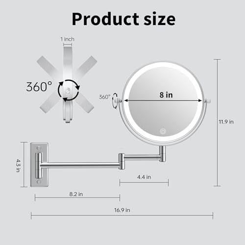 1X/20X Wall Mounted Makeup Mirror with Lights, 8" Double Sided Bathroom Magnifying Mirror with 360¡Æ Extension Arm, Dimmable, Rechargeable, Touch Control, Chrome