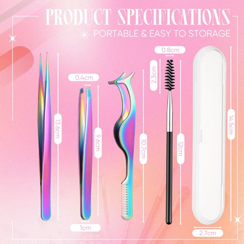 Baderke 5 Pcs Lash Applicator Tool Set Lash Tweezers for DIY Individual Lash Clusters Application and Removal Straight and Curved Eyelash Extension Tweezers with Storage Box and Eyebrush(Colorful)