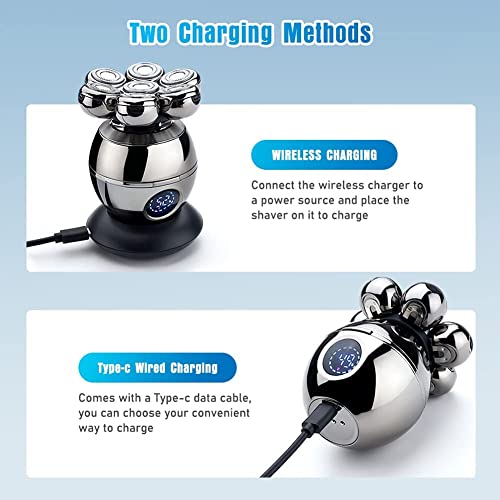 Head Shavers for Bald Men, Wjiang 6 in 1 Electric Razor Mens Shaver Wet Dry Cordless Electric Skull Shavers 7D Floating Rechargeable Bald Head Shaver Back for Men Father's Day Gifts