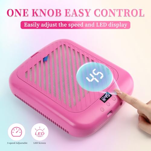 TADOPRO Nail Dust Collector, Rechargeable 4500RPM Dust Collector Nail Tech Brushless Motor with 3 Suction Modes Easy-Control Nail Vacuum Dust Collector Extractor for Beginners Home Salon Use (Pink)
