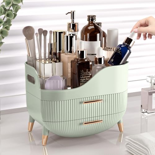Makeup Organizer with Drawers, Green Skincare Organizer for Vanity, Storage Box with Handle, Large Cosmetic Display Case for Dresser, Bathroom Countertop