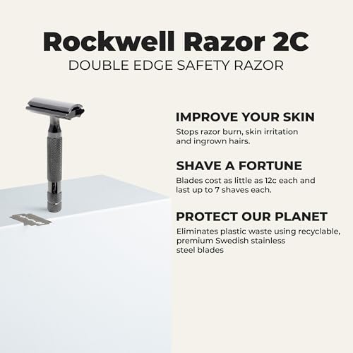 ROCKWELL RAZORS 2C Gunmetal Chrome Double Edge Safety Razor With Adjustable Shave Settings and 5 Fully Recyclable Razor Blades. Reusable Safety Razors for Men and Women