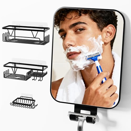 KEGII Fogless Shower Mirror for Shaving with Razor Holder, 4 Pack Adhesive Shower Caddy Set with Soap Holder & Hooks, No-Drill Rustproof Bathroom Organizer, Black