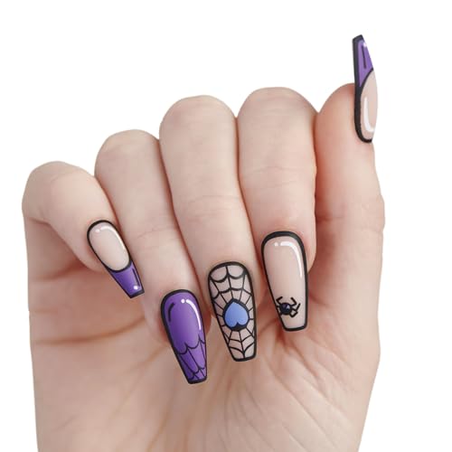 KISS Voguish Fantasy Halloween Press On Nails, ¡®Moonlit Magic¡¯, Purple, Long Coffin, Glow In The Dark Effect, Matte Finish, Pink Gel Nail Glue (2g), 28 Fake Nails