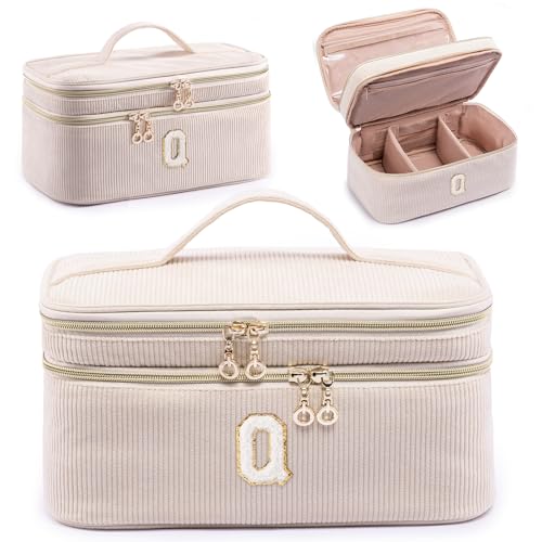 AMOIGEE Initial Makeup Bag Organizer,Personalized Double Layer Train Case, Travel Toiletry Bag for Makeup Brushes for Teens Girl, Skincare Gift Set, Initial Cute Cosmetic Make Up Bag for Women