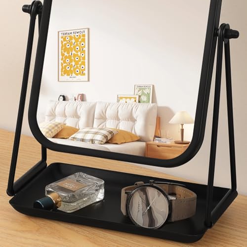 Desk Table Mirror Black Arch Desktop Vanity Mirror Iron Frame Make up Mirrors with 360 Degree Swivel Countertop Mirrors for Dressing Room Bathroom Bedroom Apartment