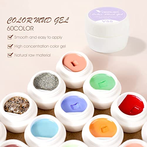 VENALISA 60 Colors Mud Gel Paint Nail Kit with Color Card Painting Drawing Nail Brush,Gel Nail Polish for Nails Art Whole Set Starter Manicure Nail Art Design Salon DIY at Home