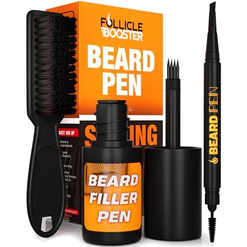 FOLLICLE BOOSTER Beard Pen Filler Styling Kit for Men - 3-in-1 Filling Set with 4-Tip Fork, Normal Pencil, and Brush - Waterproof, Sweatproof & All-Day Hold - Black