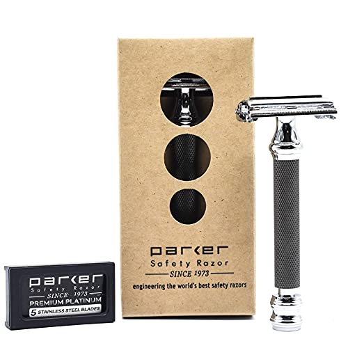 Parker 76R Heavyweight Butterfly Open Safety Razor ? Gunmetal Finish with Long Knurled Handle for Precision Wet Shaving