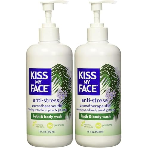 Kiss My Face Anti-Stress Woodland Pine & Ginseng Shower Gel - Rejuvenate Your Mood With Ginseng & Woodland Pine - Antioxidant Blend of Olive Oil, Aloe & Vitamin E - 16 fl oz Bottle (Pack of 2)