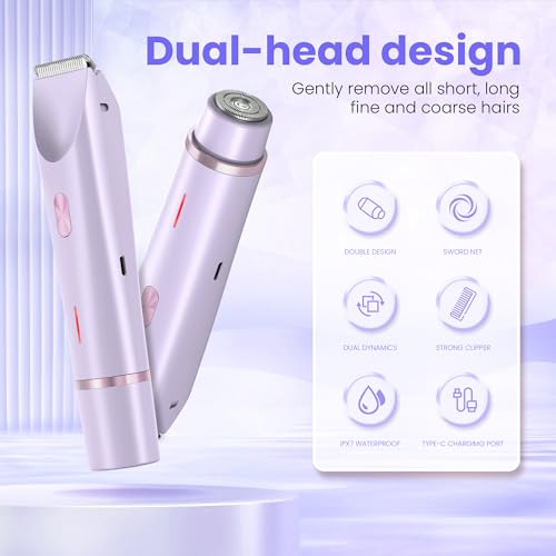 Bikini Trimmer for Women-2 in 1 Dual Head Electric Razors,IPX7 Waterproof Bikini Electric Shaver,Dry & Wet Use Painless Bikini Shaver,Pubic Hair Trimmer for Private Area & Body Hair,Purple