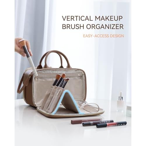 Prite Makeup Bag for Women, Large Capacity Waterproof Travel Cosmetic Organizer, Portable Open Flat Toiletry Bag with Free-standing Brush Holder and Handle(Brown Large)