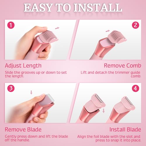 Bikini Trimmer for Women Men, 2 in 1 Electric Razors Shaver, IPX7 Waterproof Body Hair Trimmer with Mirror, LED Light & Display, Painless Pubic Hair Removal, Pink
