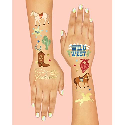 xo, Fetti Cowboy Temporary Tattoos for Kids- 52 Foil Styles | Rodeo, Boys Cowboy Crafts, Birthday Party Favors, Western Baby Shower Decorations