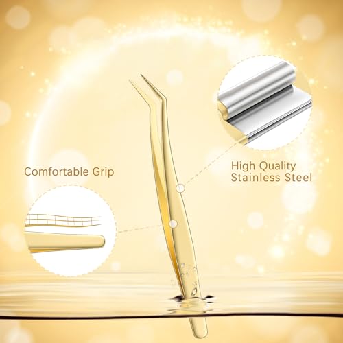MORGLES Golden Lash Tweezers Set, 5 PCS Professional Eyelash Tweezers for Eyelash Extensions for Beginners & Lash Artists