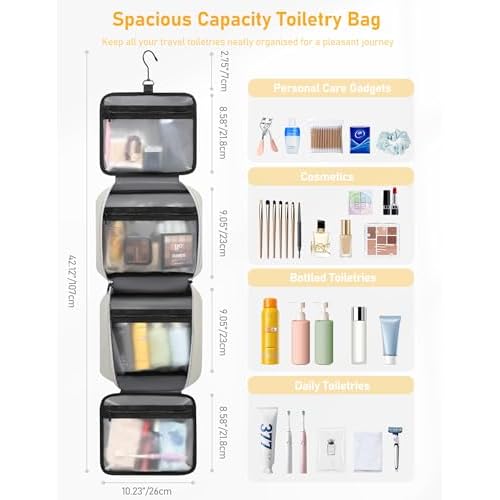 Travel Hanging Toiletry Bag for Men Women Wash Bags Water-Resistant Organiser Makeup Cosmetic Bag Foldable Large Capacity Travel Sized Toiletries with 5 Compartments (Silk Grey, Medium)