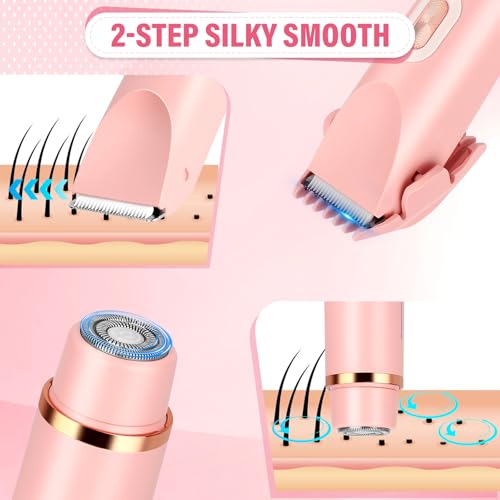 Women's Bikini Trimmer, 2-in-1 Electric Shaver for Bikini Line, Legs, Underarms, Face - Waterproof Women's Electric Shaver for Sensitive Skin, USB Rechargeable (Pink)