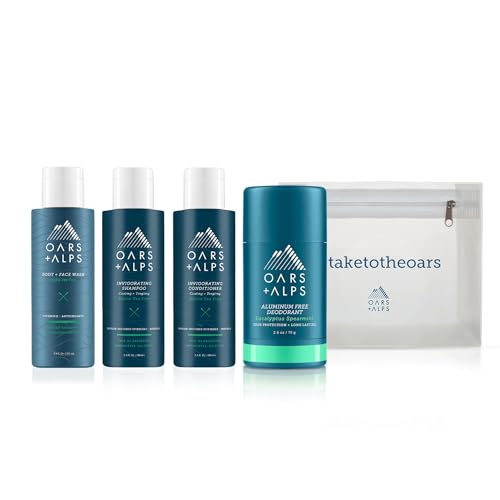 Oars + Alps Hair and Body Travel Kit for Men, Includes Sulfate Free Shampoo, Conditioner, Body Wash, Deodorant, and Reusable Pouch, TSA Friendly, Alpine Tea Tree Scent