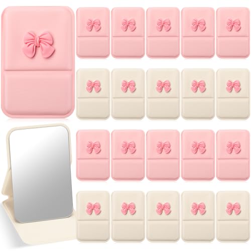 Amyhill 24 Pcs Party Favor Compact Fold Mini Mirror Preppy Bow Gift for Women Birthday Bridal Shower Bachelorette Graduation Party Supplies (Folding,Beige and Pink)