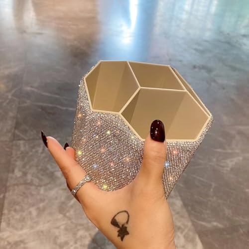 Bling Design Makeup Brush Holder Organizer,360¡Æ Rotating Glitter Rhinestones Cosmetics Storage with 5 Slot Large Capacity Makeup Brushes Cup Pen Holder for Vanity,Bathroom Countertops