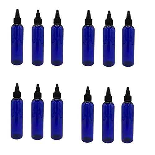 Natural Farms 4 oz Blue Cosmo Plastic Bottles -12 Pack Empty Bottle Refillable - BPA Free - Essential Oils - Aromatherapy | Black Twist Top Cap - Made in the USA