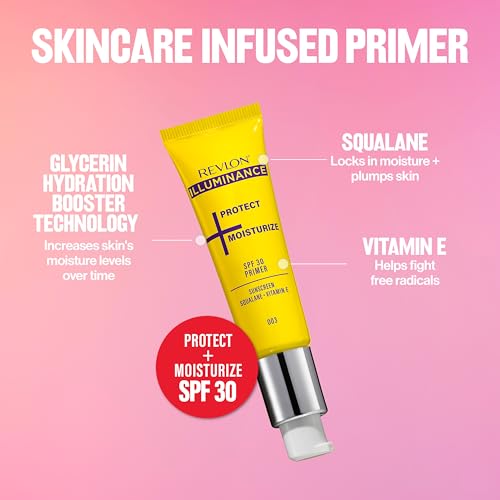 Revlon Illuminance Moisturizing Primer with SPF 30, Face Makeup Primer with Sunscreen, Squalane & Vitamin E, No White Cast, Transparent Finish, 003, 0.95 fl oz