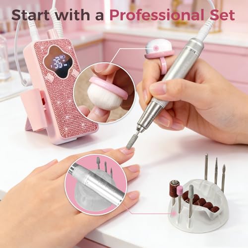 Electric Nail Drill Professional with Ultra-Quiet Coreless Motor, 35000 RPM Cordless Nail File Kit for Acrylic Gel Nails, Low Vibration & Heat, Portable E-File for Home & Salon (Pink)