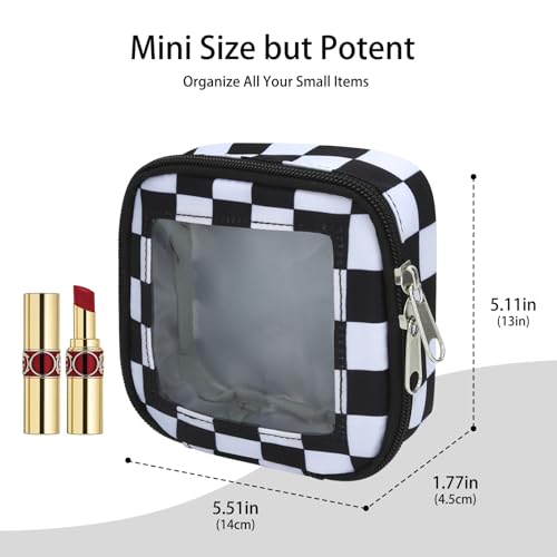 DOB SECHS Mini Checkered Bag for Purse 5.1'' x 5.1'' Small Makeup Bag for Car Cute Clear Cosmetic Bags with Zippers, Tiny Toiletry Bag Lipstick Pouch Organizer Case Travel Essentials Storage Pouches