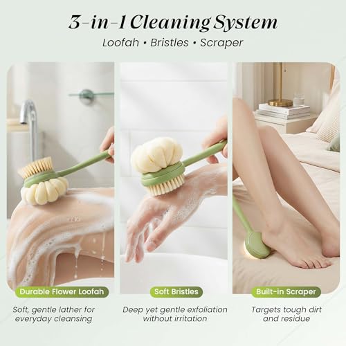 Back Scrubber for Shower with Long Handle (15.7¡±) ? Dual-Sided Bath Brush with Loofah Sponge, Replaceable Heads, Easy Reach for Back & Body, Includes 2 Wall Hooks