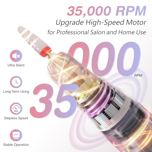 Electric Nail Drill Machine Professional, 35000 RPM Cordless Nail File, Portable Rechargeable Nail Drill and Bits for Acrylic Gel Nails Polishing Removing