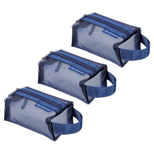 uxcell Mini Zipper Mesh Bag 2" x 4", 3 Pcs Nylon Small Makeup Zipper Mesh Pouch Cosmetic Case Mesh Storage Bags for Earphone, Credit Card, Dark Blue