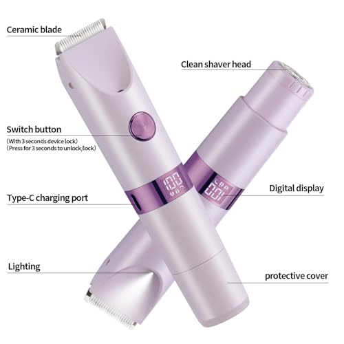 Bikini Trimmer for Women£¬Dual Head Women Shaver IPX6 Waterproof Cordless Pain Free Hair Removal with Safety Lock Trimmer for Smooth Skin Ideal for Bikini Area Body and Facial Hair (Purple)