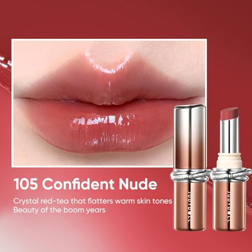 JUDYDOLL PDRN Stay Shine Lipstick, Nourishing with Salmon Dna Serum&80% Rose Collagen Essence, Dual-Layer Color Lock, Transfer-Resistant, 12H Wear LongLasting Lip Gloss, Nude Color(105 Confident Nude)