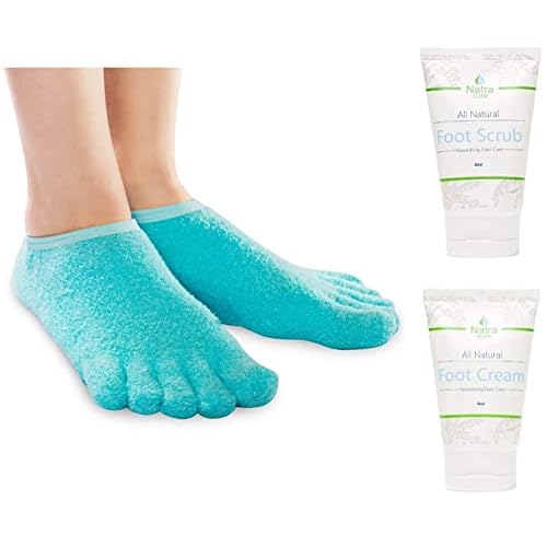 NatraCure Moisturizing Socks Bundle - 5-Toe Gel Socks, Foot Cream & Scrub for Dry, Rough Skin - Medium Size