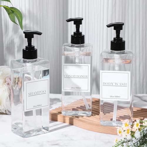 Tanlade 6 Pcs Shampoo and Conditioner Dispenser Bottles 16oz Modern Shower Soap Bottles with Pump, Labels and Marker Pen Easy to Refill Body Wash Dispensers for Home Bathroom Decoration(Clear)