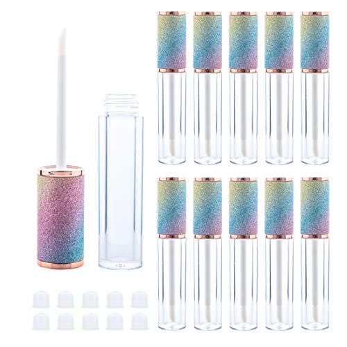 10 Pack Sparkles Rainbow Lip Gloss Wand Tubes, 5ml Empty Lip Gloss Containers, Lipgloss Lip Balm Bottles with Rubber Stoppers for Lip Gloss Balm Cosmetic Business (Sparkles Rainbow)
