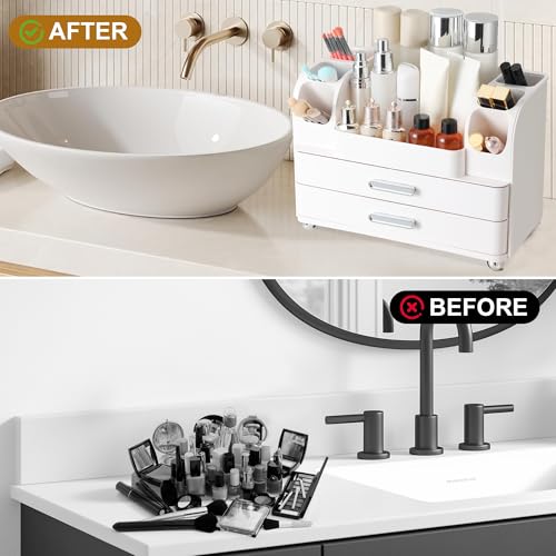Large Makeup Organizer Countertop with Drawers, Make Up Organizer for Vanity, Makeup Storage Organizer Countertop Makeup Organizers for Skincare, All White