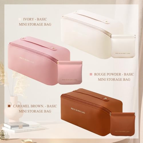 Makeup Bag Cosmetic Bag,Portable Pouch Open Flat Toiletry Bag Make up Organizer with Divider, Handle and small cosmetic bag Travel Essentials (Rouge)