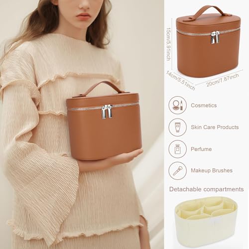 Leather Make Up Bags With Compartments, Brown travel Cosmetic Bags for Women, Parallel Makeup Travel Bags Organizer Equipped With a Detachable Divider