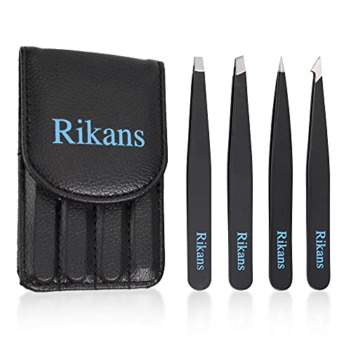 Rikans Precision Tweezers Set ? Pack of 4 Black Professional Tweezers ? Handy Carry Pouch ? Superior Stainless Steel Tweezer Set ? Splinters, Eyebrows, Facial or Ingrown Hair ? Blackheads Remover